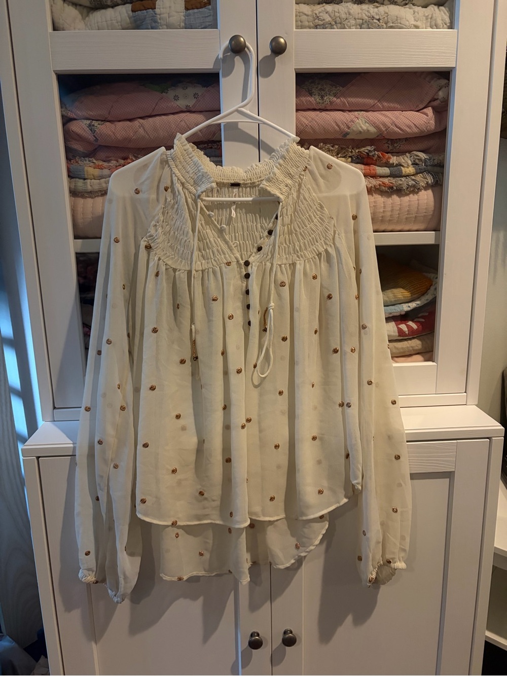 Free People Ivory Smocked Peasant Blouse with Gold Embroidered Dots